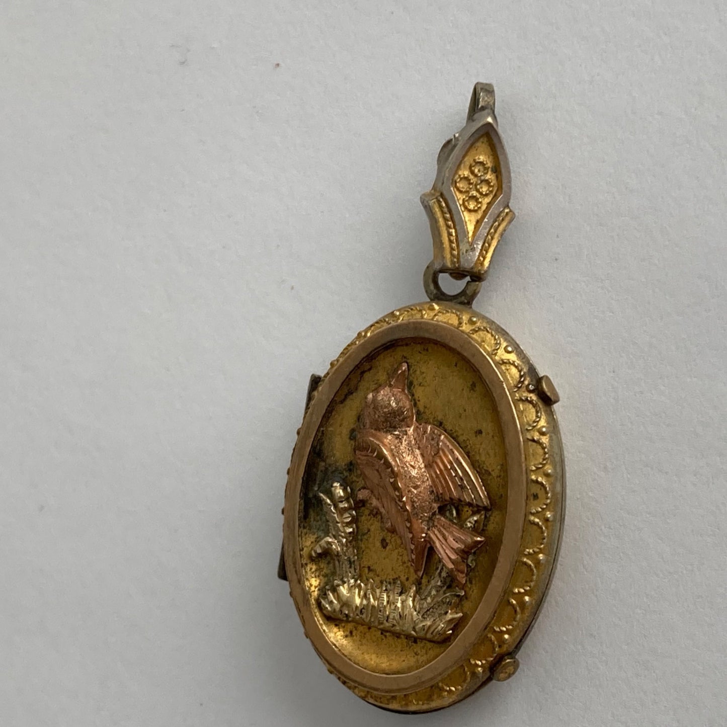 Victorian Antique Gold Rose Bird Locket Pendant Filled