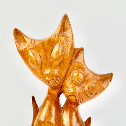 Vintage MCM Hand Carved Wooden Siamese Cat Figurine Pair Teak Folk Art