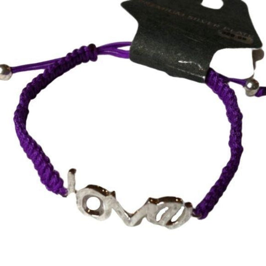 Premium Silver Plate LOVE Purple Cord Bracelet New