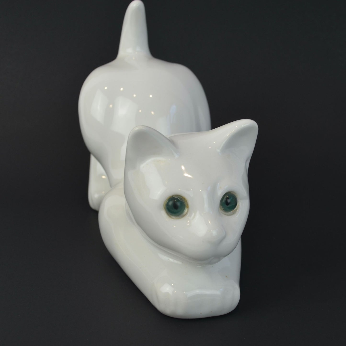 ELPA Portugal White Cat Ceramic Vintage Green Glass Eyes 9.5"