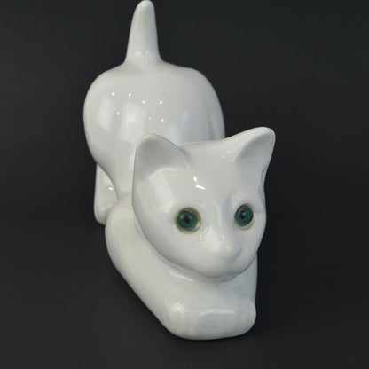 ELPA Portugal White Cat Ceramic Vintage Green Glass Eyes 9.5"