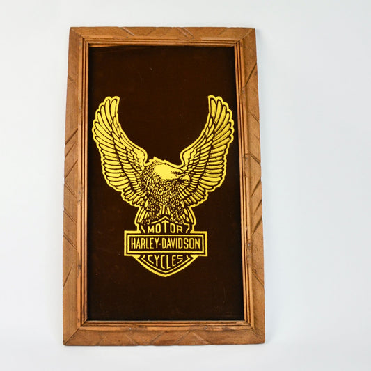 Vintage Harley Davidson Flocked Velvet Picture Wall Decor Logo Eagle Brown Framed