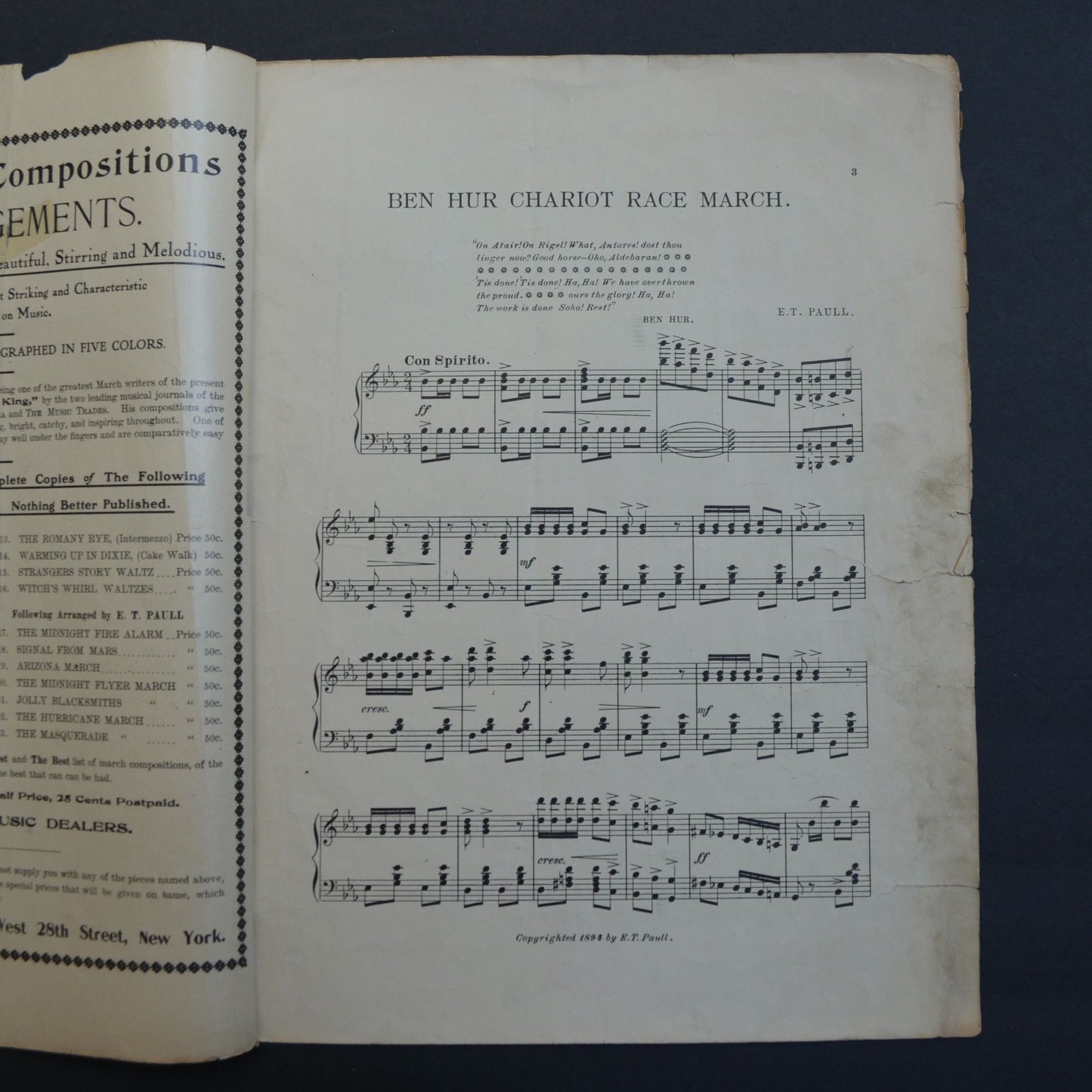 Chariot Race or Ben Hur March E. T. Paull 1894 Sheet Music