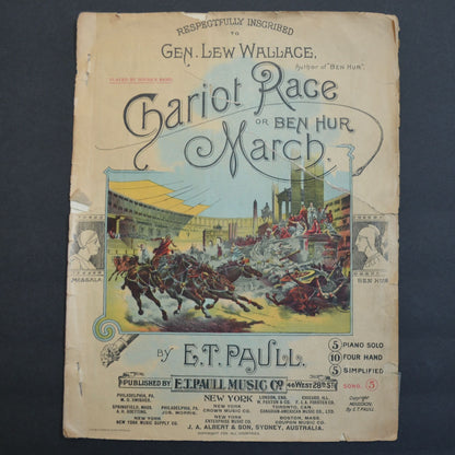 Chariot Race or Ben Hur March E. T. Paull 1894 Sheet Music