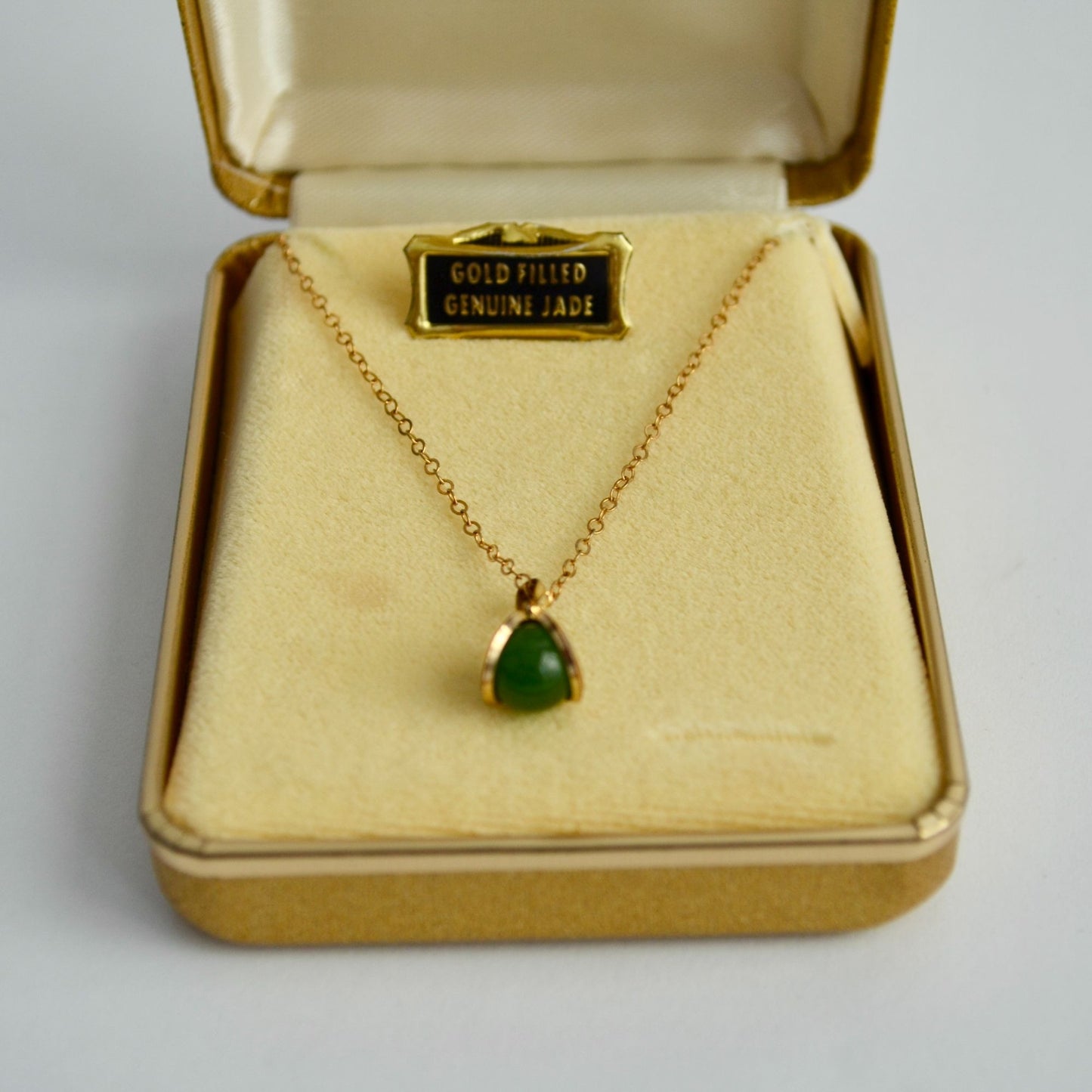 Vintage Gold Filled Genuine Jade Necklace with Box 16" Chain