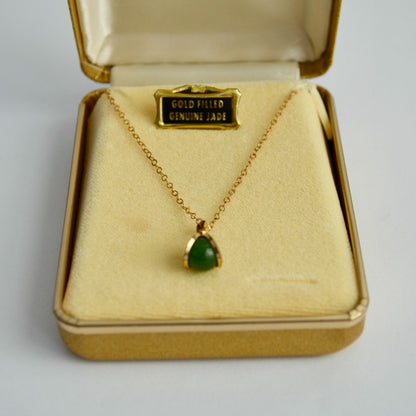 Vintage Gold Filled Genuine Jade Necklace with Box 16" Chain