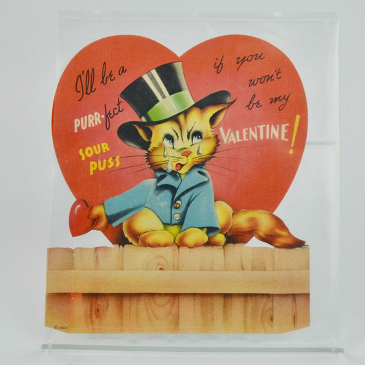 1940s Purr-Fect Sour Puss Valentine Card LARGE 7.5 X 6.5" Articulating