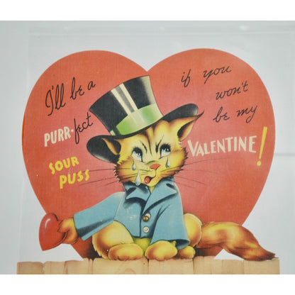 1940s Purr-Fect Sour Puss Valentine Card LARGE 7.5 X 6.5" Articulating