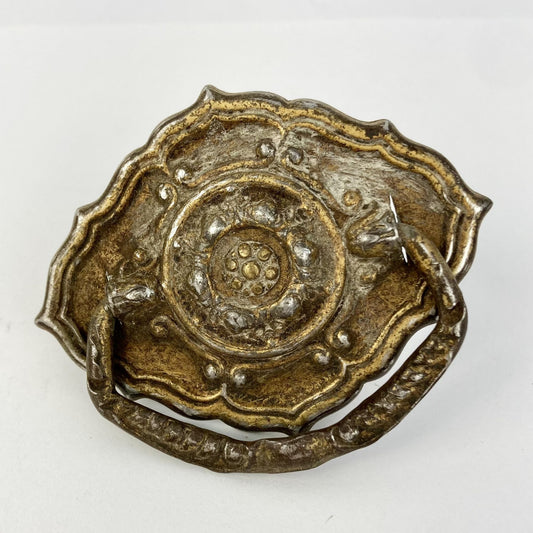 Antique Brass Drop-Bail Drawer Pull Vintage Rosette Backplate 3"
