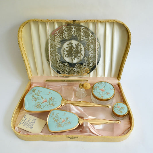 Vintage Dresser Vanity Set In Original Box Gold Blue
