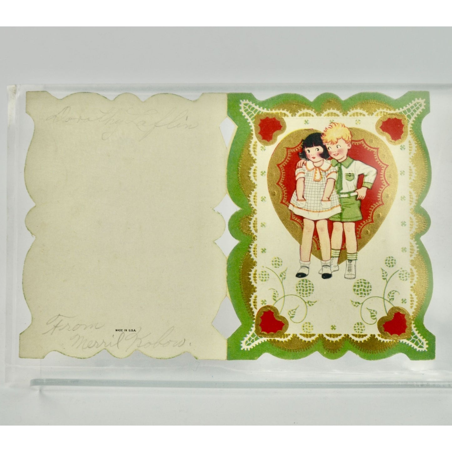 Vintage Valentine's Day Die Cut Card Made in USA Boy Girl Green