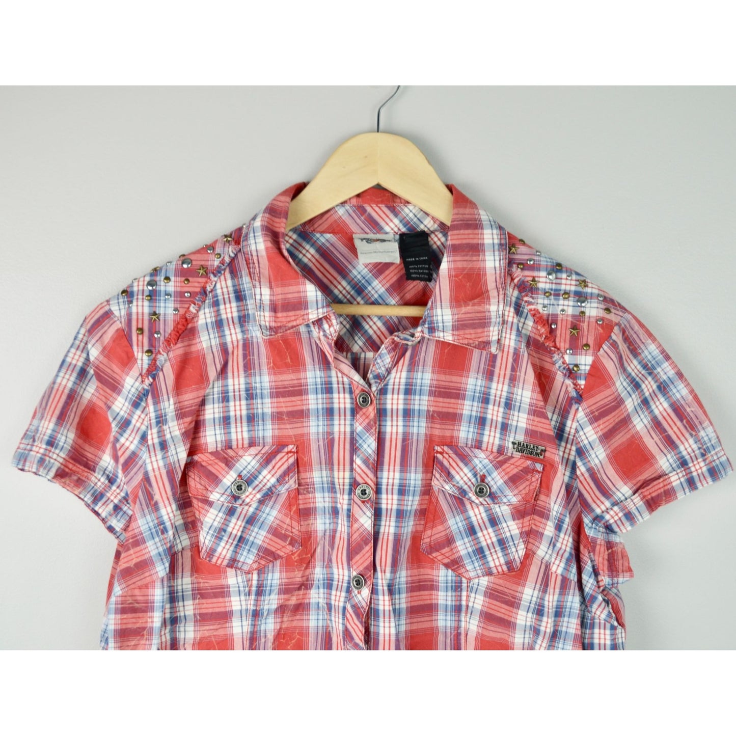 Harley Davidson Women's Plaid Button Down Shirt XL Red Short Sleeve