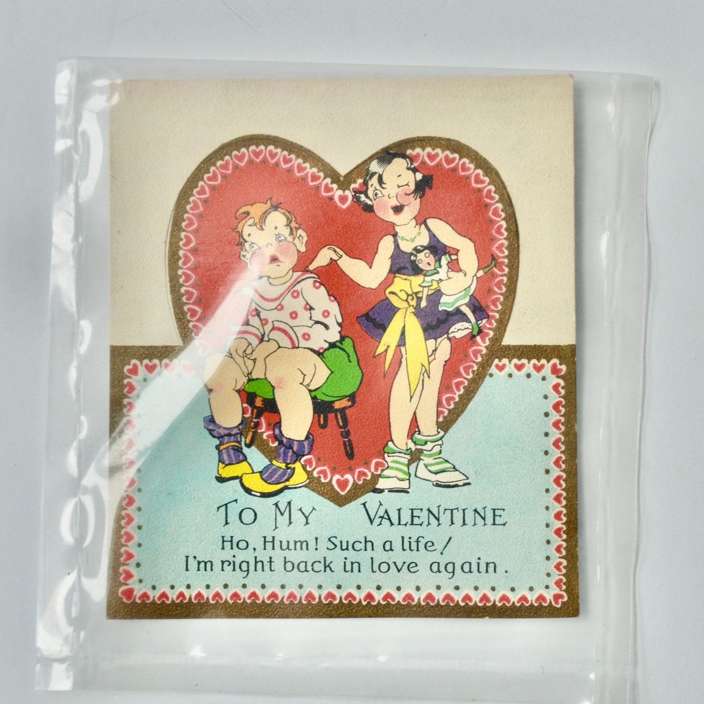 Vintage Valentine Card Ho Hum Such a Life Folding Boy Girl Doll