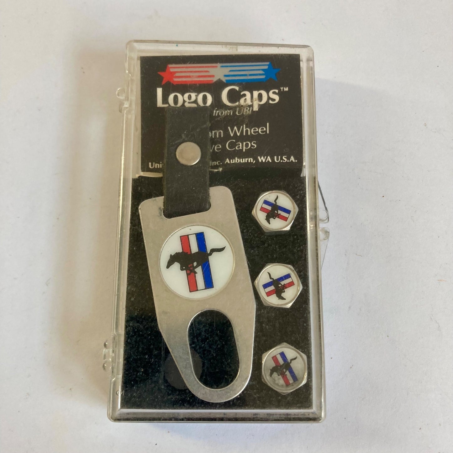 Logo Caps Custom Wheel Valve Caps & Key Chain Ford Mustang Tri-Color MISSING ONE