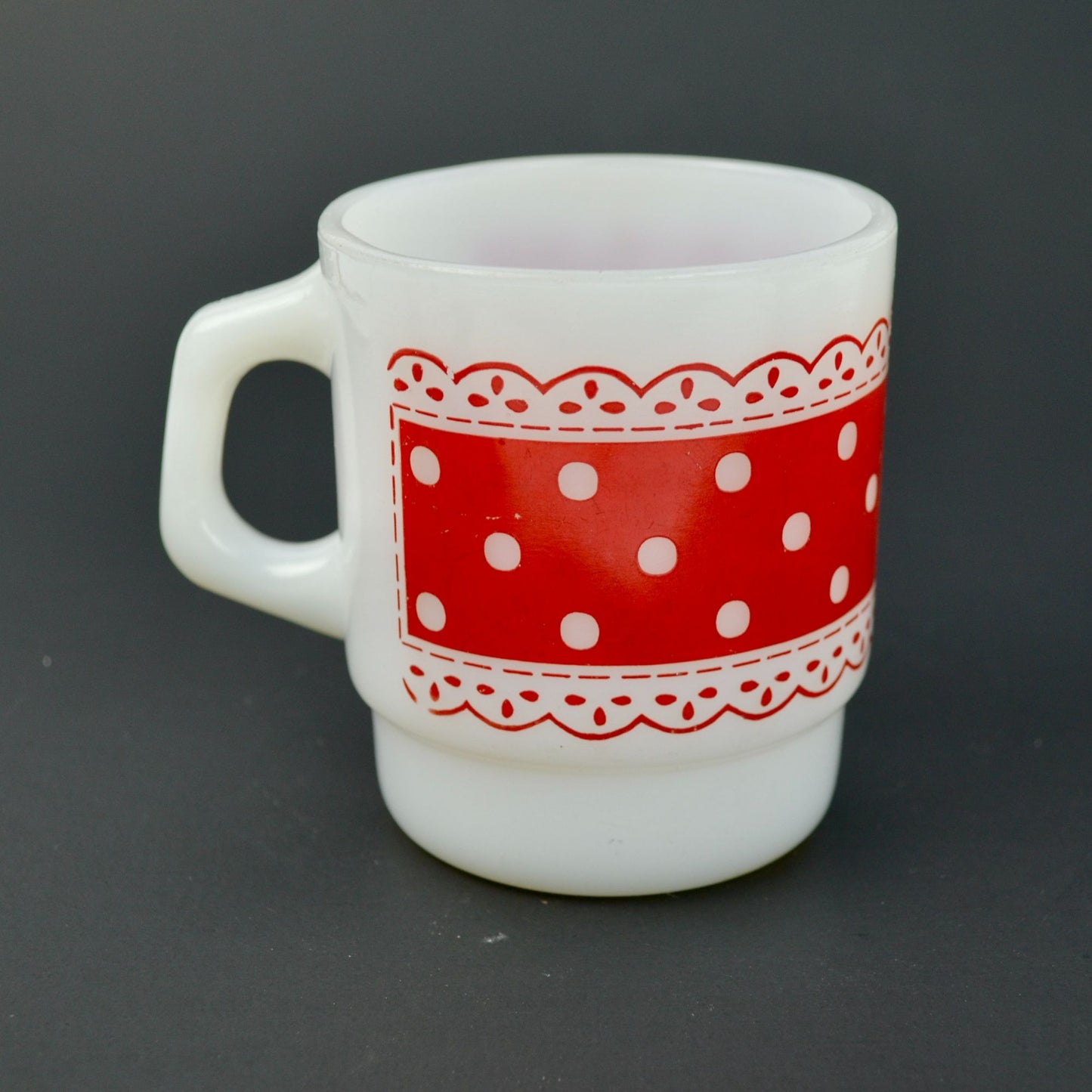 Fire-King Anchor Hocking Red Polka Dots Lace Milk Glass Coffee Mug