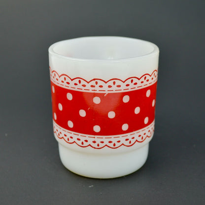 Fire-King Anchor Hocking Red Polka Dots Lace Milk Glass Coffee Mug