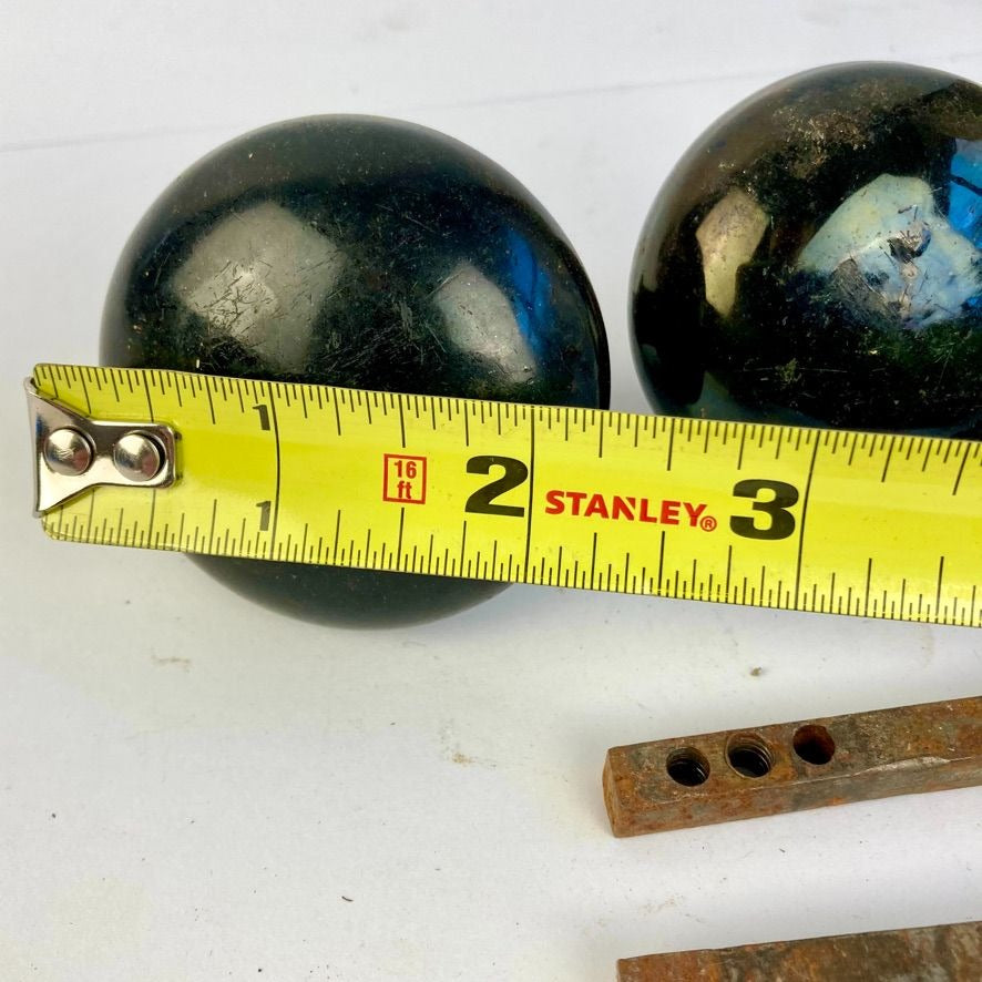 Lot 3 Antique Door Knobs & Shafts Black Porcelain Copper Brass Bronze Vintage