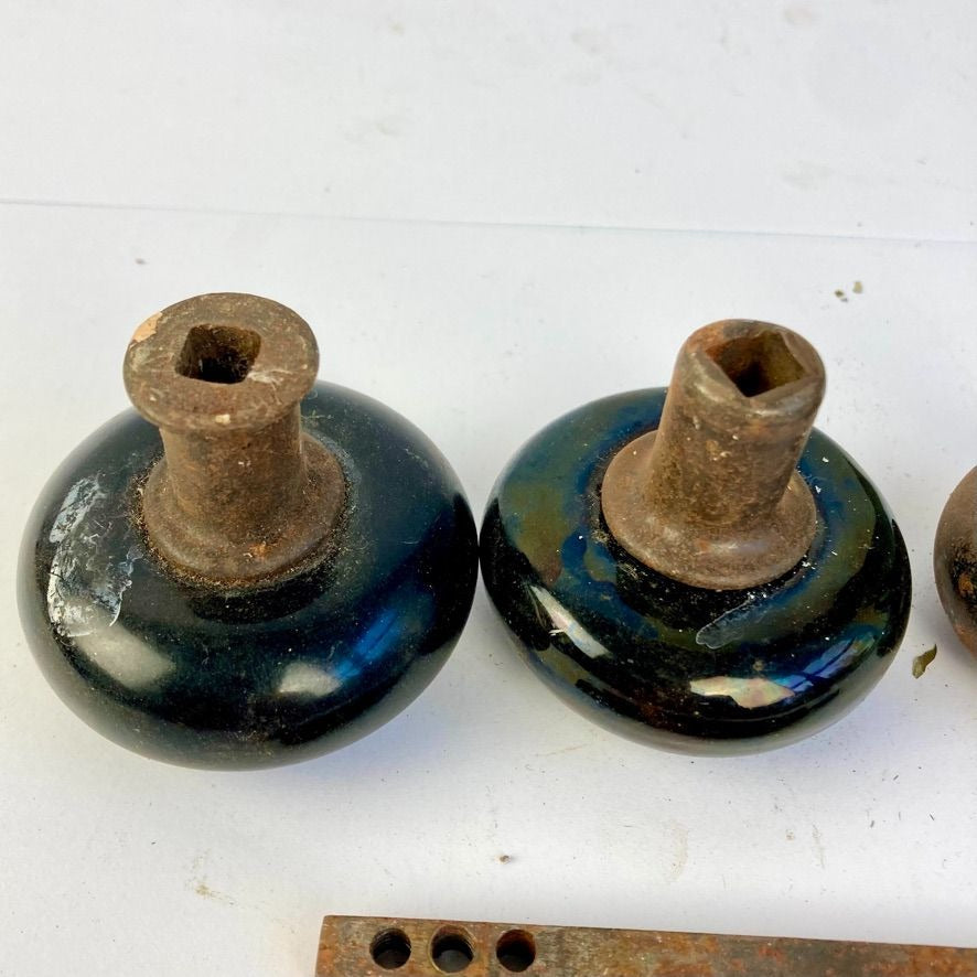 Lot 3 Antique Door Knobs & Shafts Black Porcelain Copper Brass Bronze Vintage