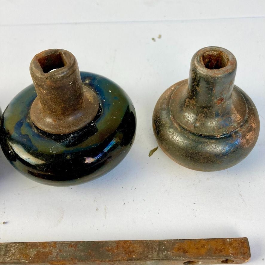 Lot 3 Antique Door Knobs & Shafts Black Porcelain Copper Brass Bronze Vintage