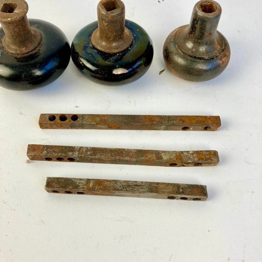 Lot 3 Antique Door Knobs & Shafts Black Porcelain Copper Brass Bronze Vintage