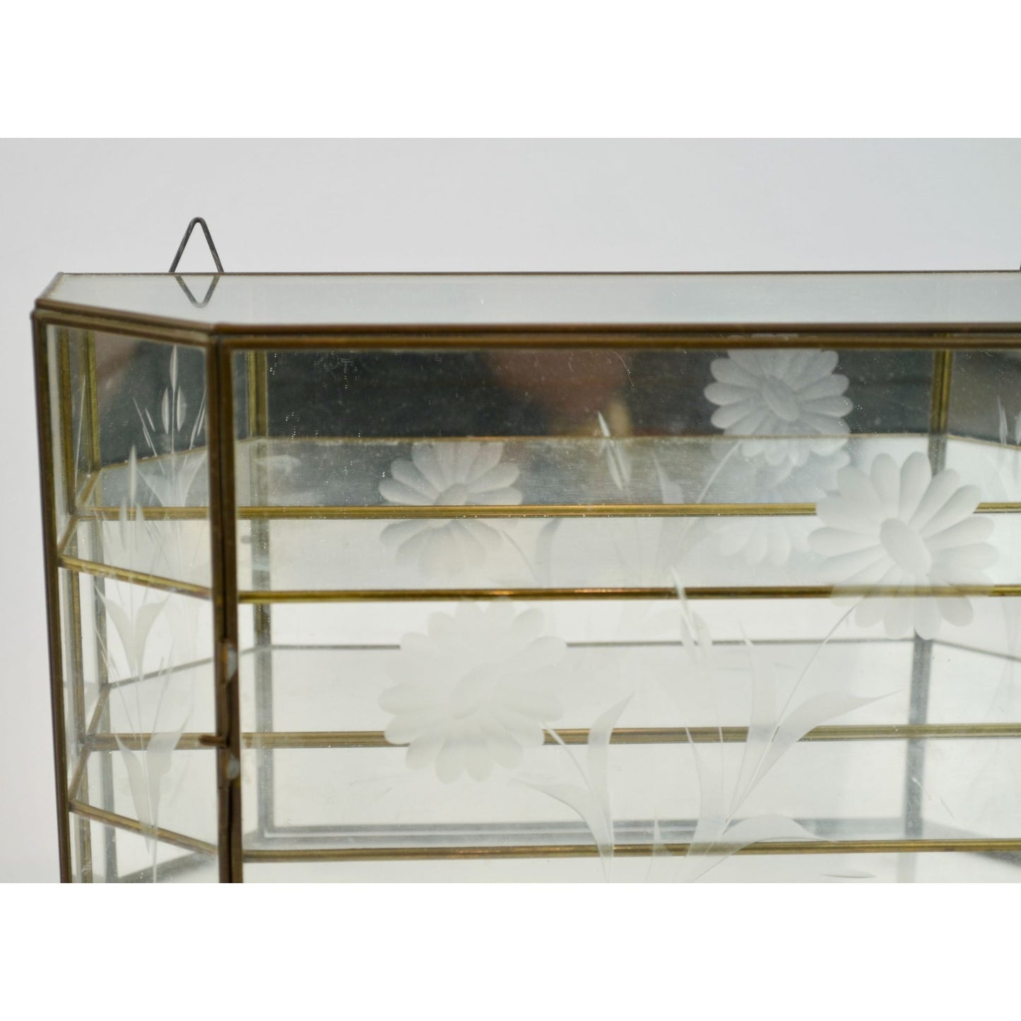 Vintage Etched Glass Brass Mirrored Shelf Hanging Curio