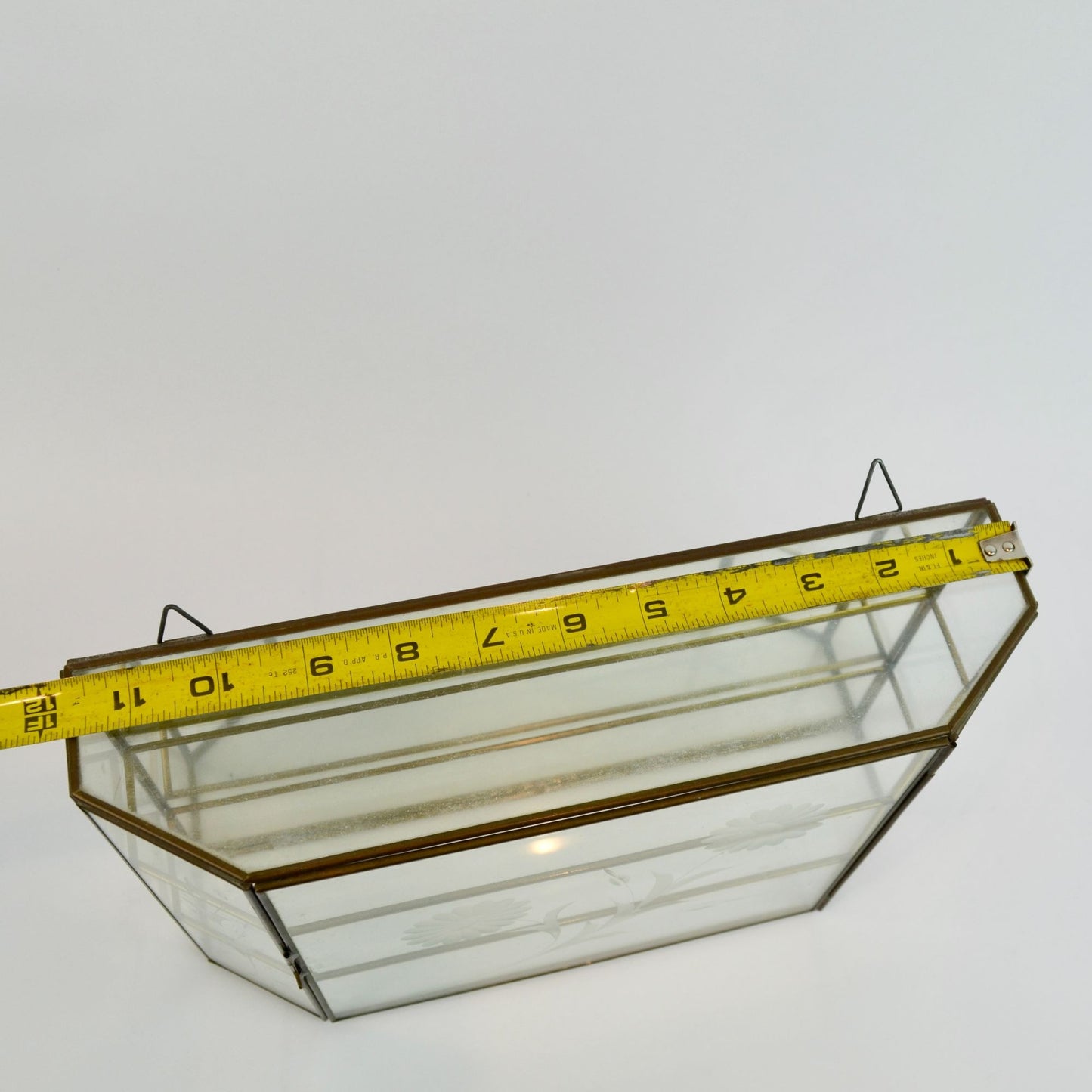 Vintage Etched Glass Brass Mirrored Shelf Hanging Curio