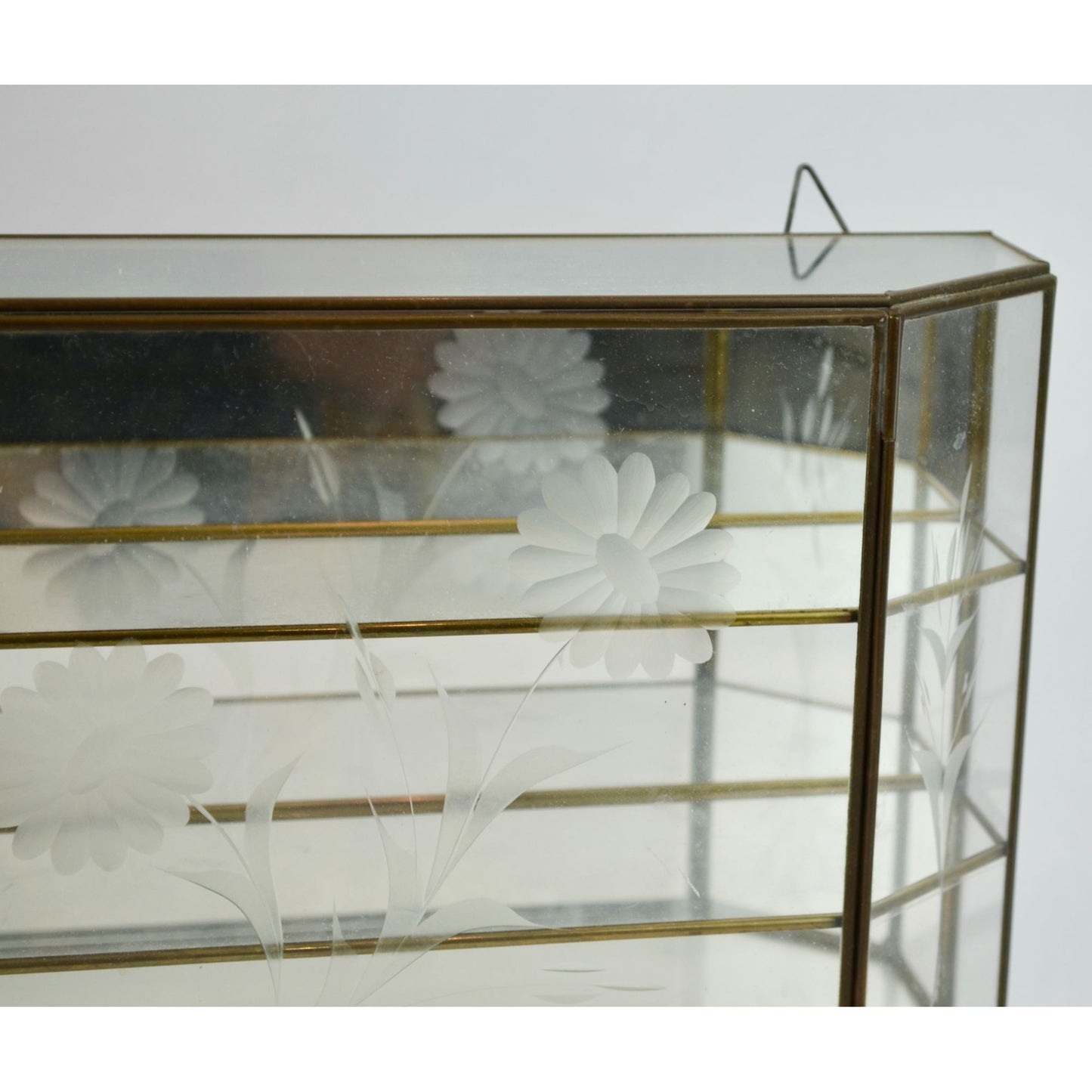Vintage Etched Glass Brass Mirrored Shelf Hanging Curio