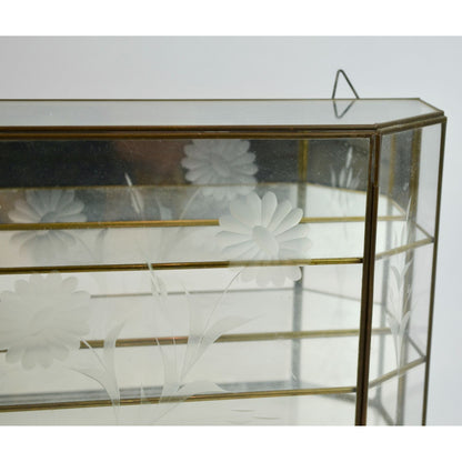Vintage Etched Glass Brass Mirrored Shelf Hanging Curio