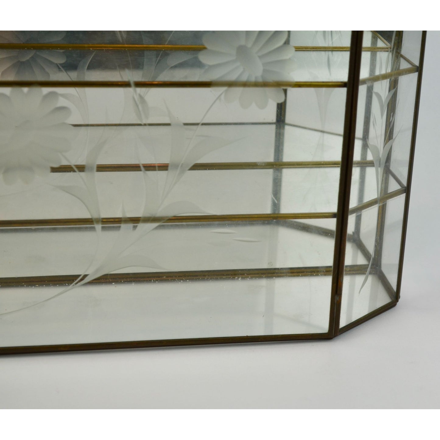 Vintage Etched Glass Brass Mirrored Shelf Hanging Curio