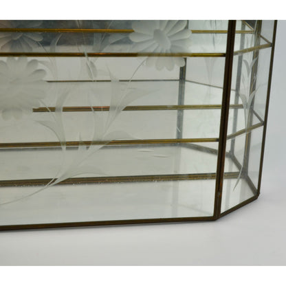 Vintage Etched Glass Brass Mirrored Shelf Hanging Curio