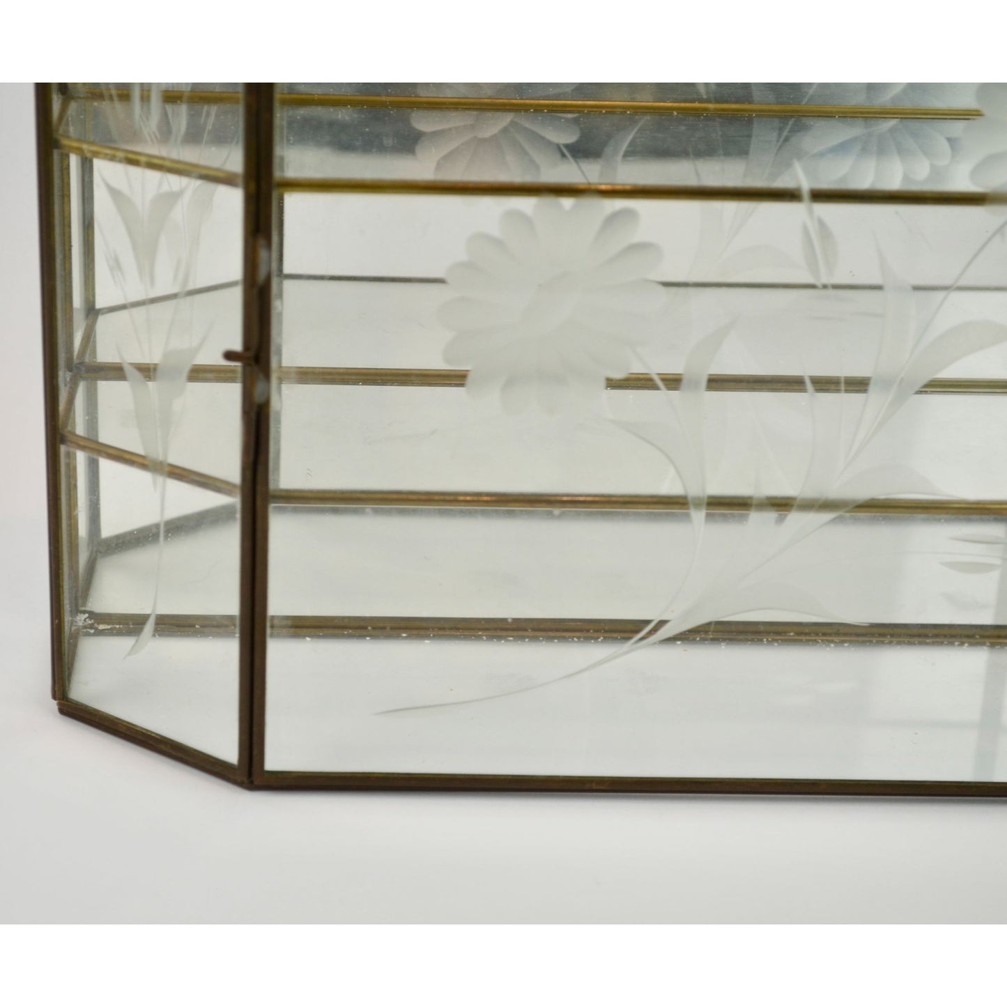Vintage Etched Glass Brass Mirrored Shelf Hanging Curio