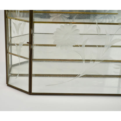 Vintage Etched Glass Brass Mirrored Shelf Hanging Curio