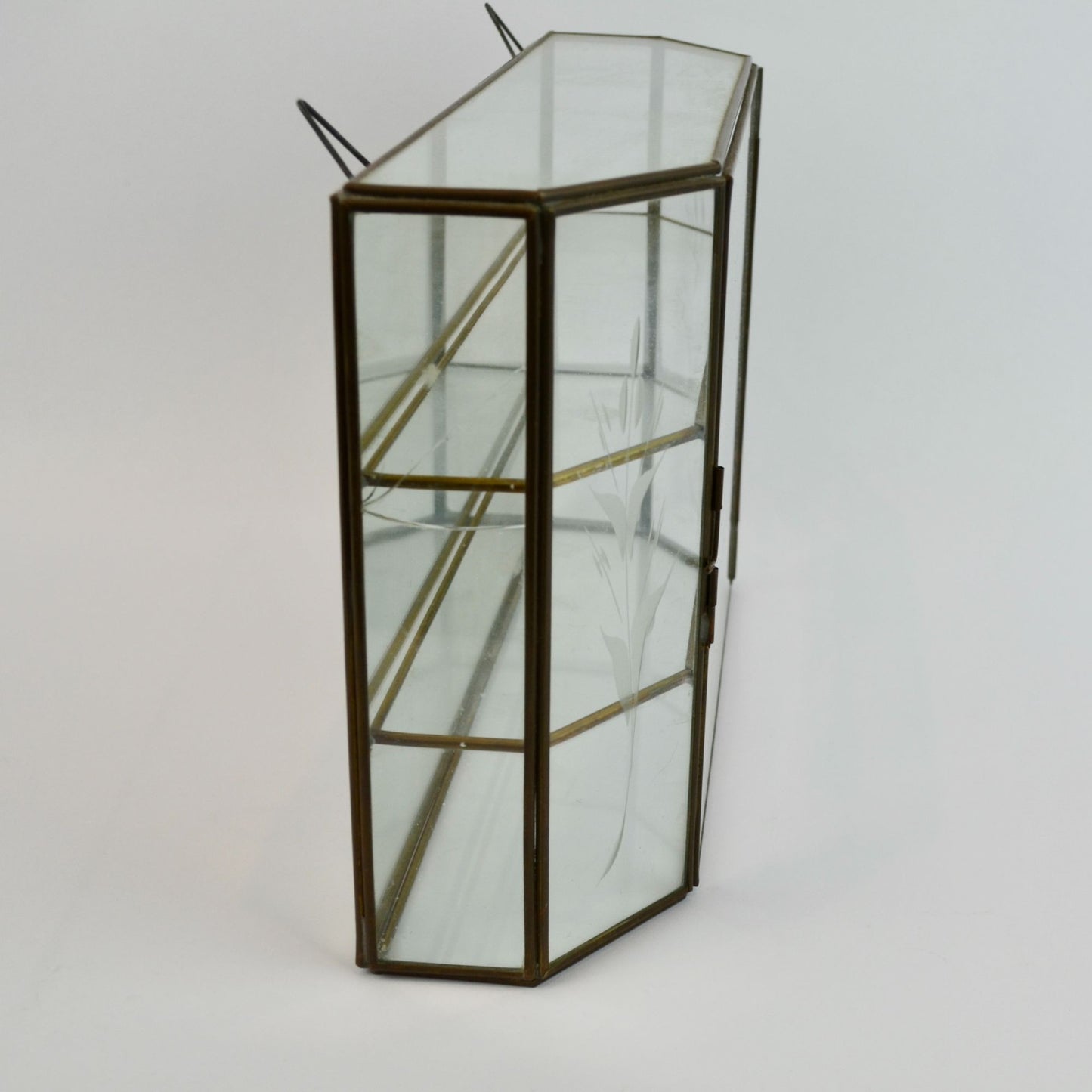 Vintage Etched Glass Brass Mirrored Shelf Hanging Curio