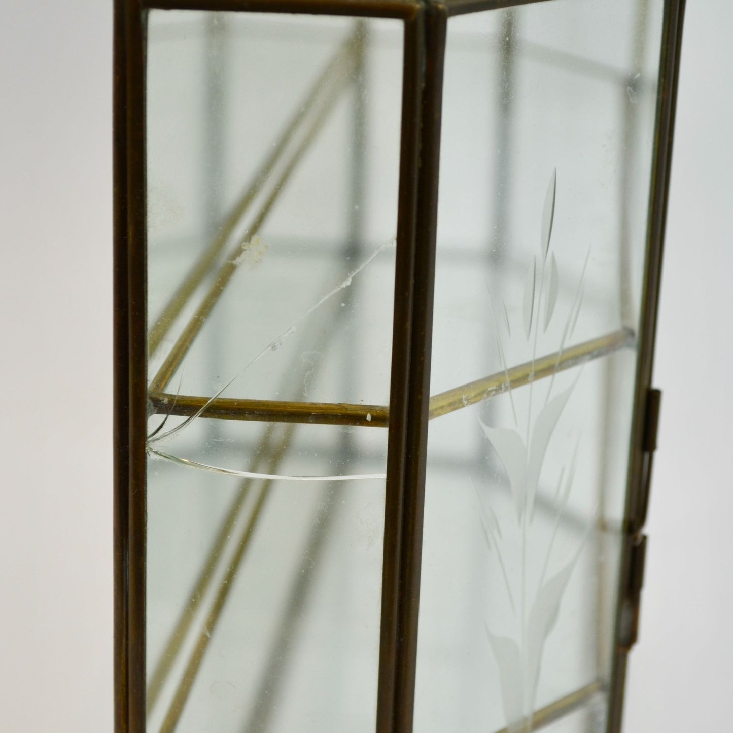 Vintage Etched Glass Brass Mirrored Shelf Hanging Curio