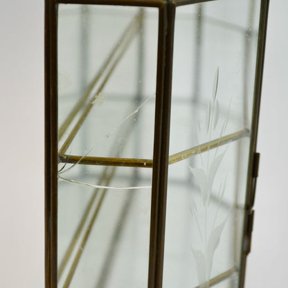 Vintage Etched Glass Brass Mirrored Shelf Hanging Curio