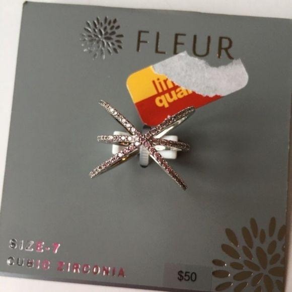 New Fleur Rhodium Criss Cross Silver Ring Size 7