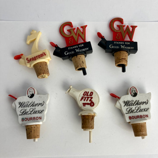 Lot 6 Vintage Liquor Bottle Stoppers Pourers Good Whiskey Seagram's Old Fitz