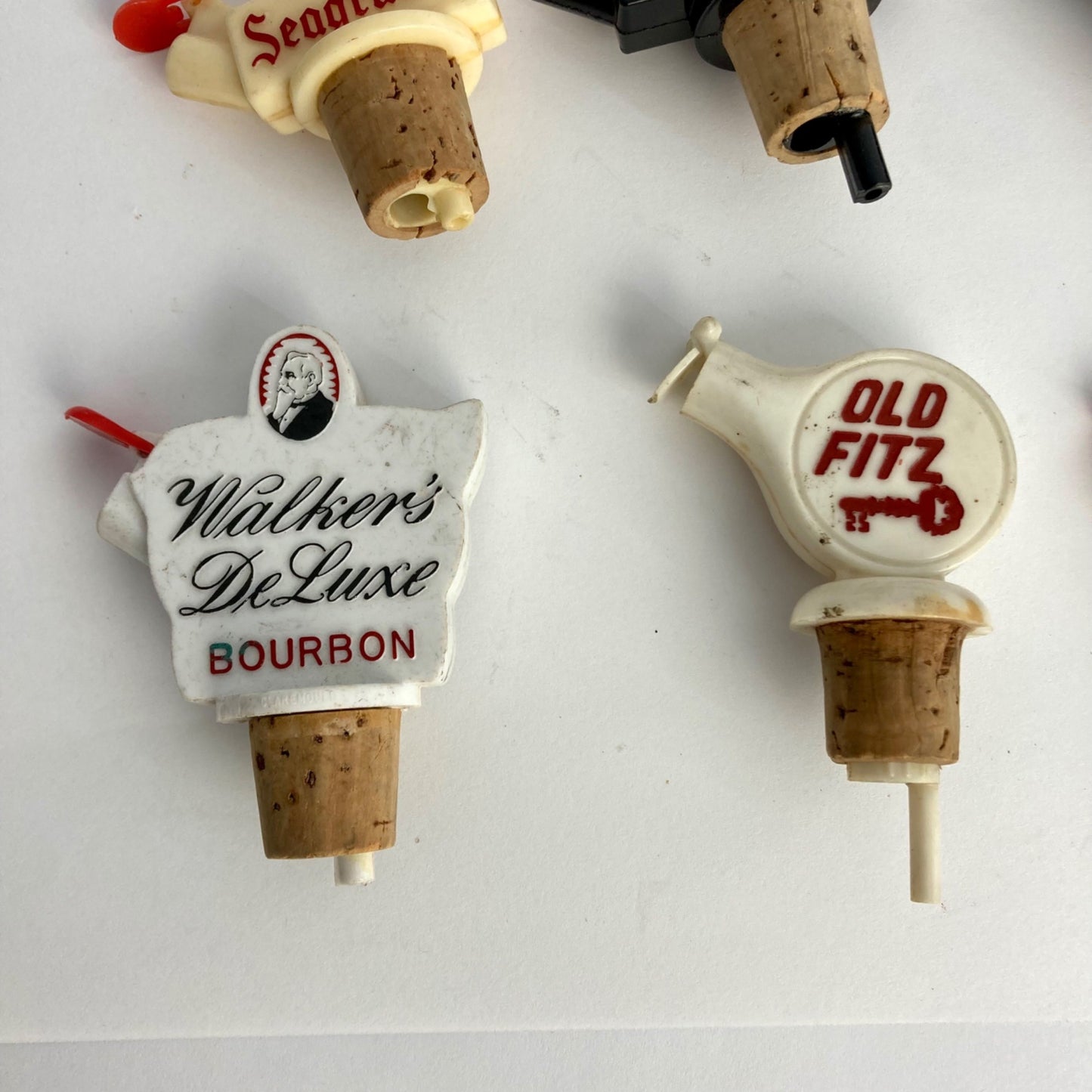 Lot 6 Vintage Liquor Bottle Stoppers Pourers Good Whiskey Seagram's Old Fitz
