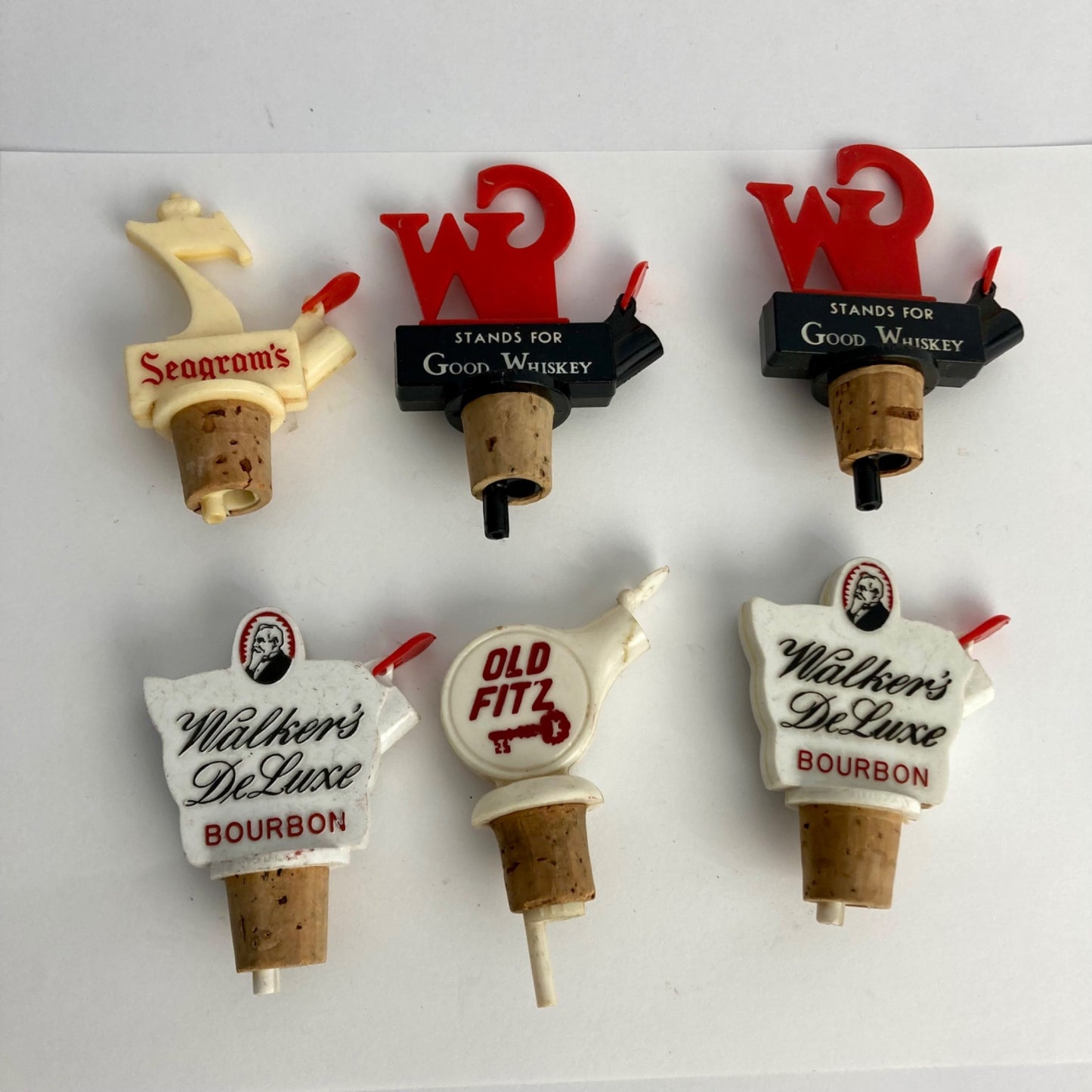 Lot 6 Vintage Liquor Bottle Stoppers Pourers Good Whiskey Seagram's Old Fitz