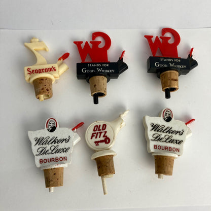 Lot 6 Vintage Liquor Bottle Stoppers Pourers Good Whiskey Seagram's Old Fitz