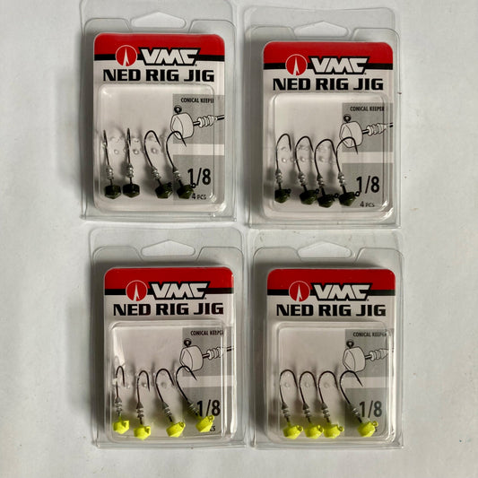 Lot 4 Packs VMC Ned Rig Jigs, 16 TOTAL JIGS! 1/8 oz Chartreuse & Green Pumpkin