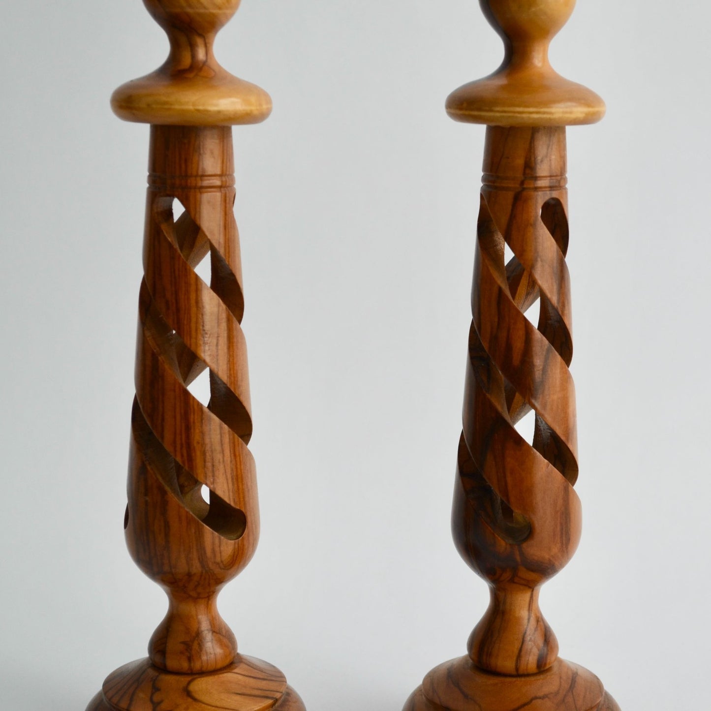 Vintage Hand Carved Wood Spiral Candlestick Holders Pair Mid Century Modern