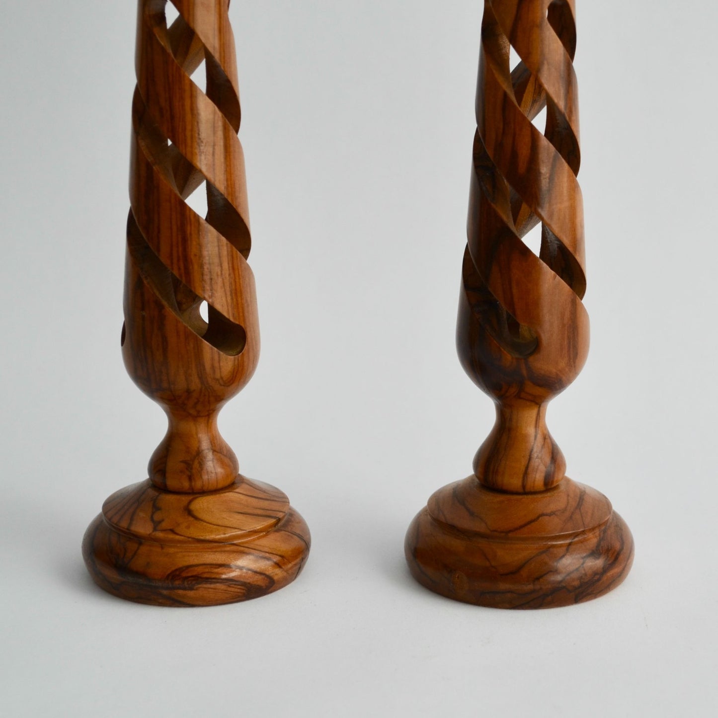 Vintage Hand Carved Wood Spiral Candlestick Holders Pair Mid Century Modern