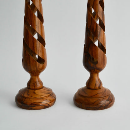 Vintage Hand Carved Wood Spiral Candlestick Holders Pair Mid Century Modern