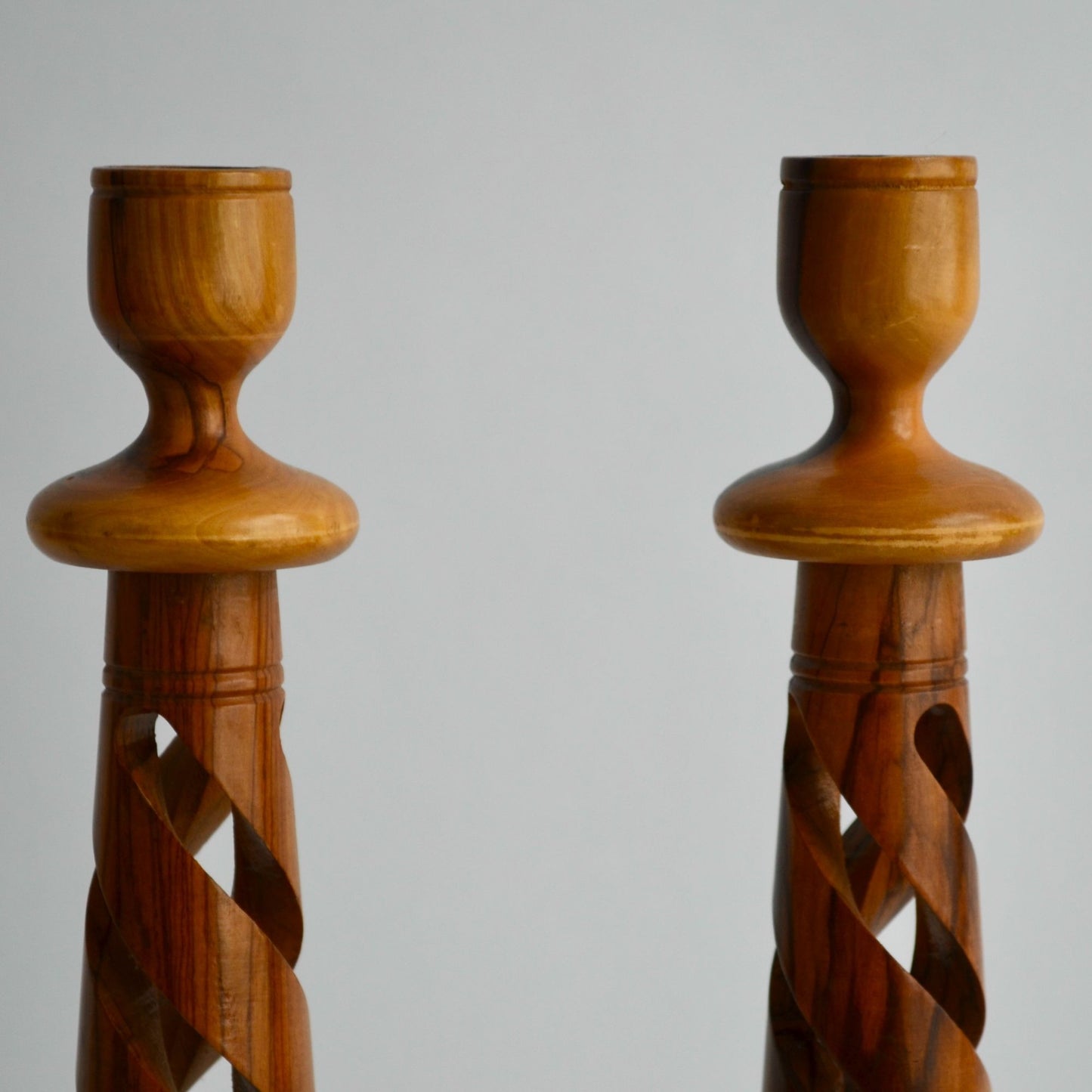 Vintage Hand Carved Wood Spiral Candlestick Holders Pair Mid Century Modern