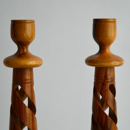 Vintage Hand Carved Wood Spiral Candlestick Holders Pair Mid Century Modern