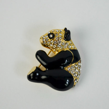 Vintage Black Enameled Gold Toned CZ Stone Brooch