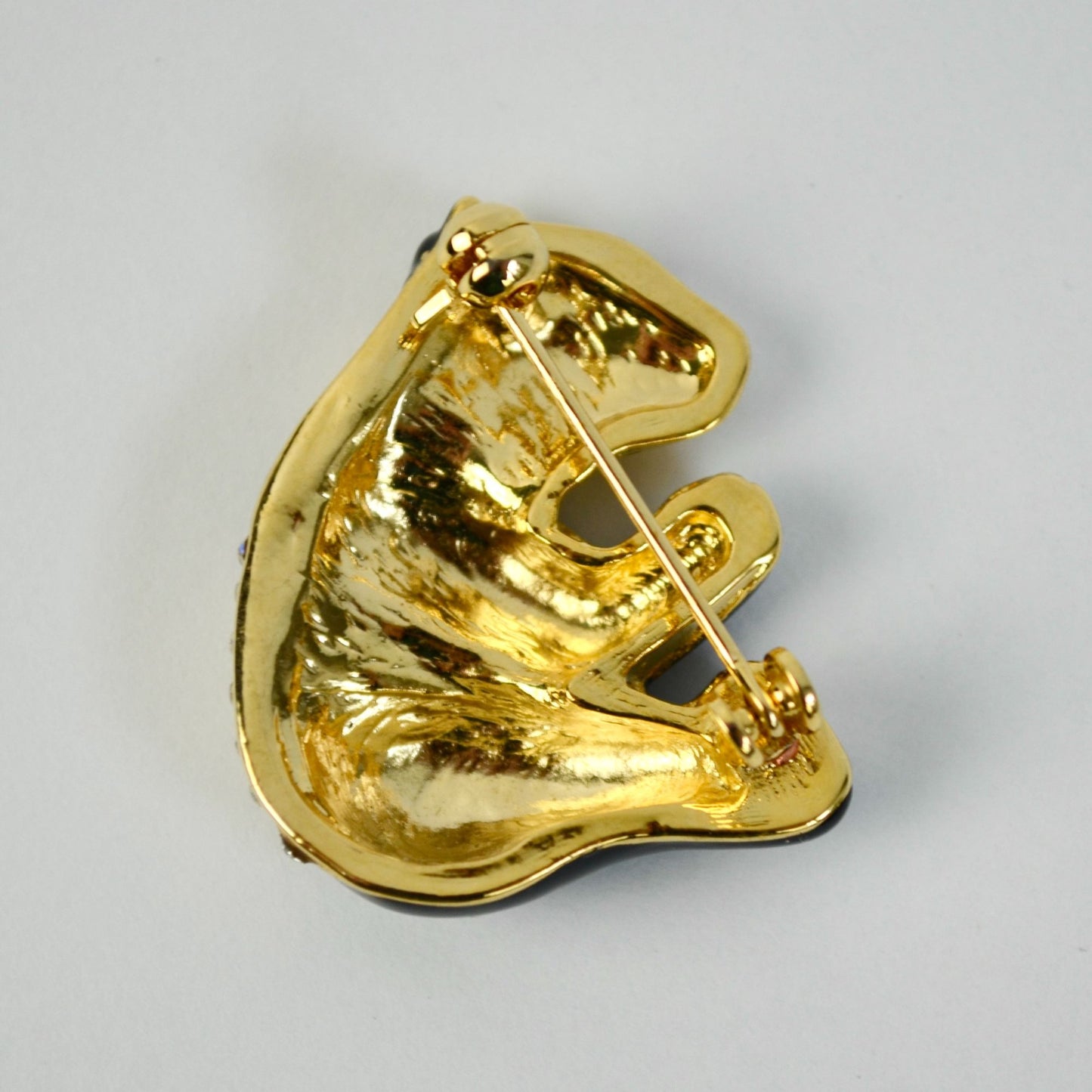 Vintage Black Enameled Gold Toned CZ Stone Brooch