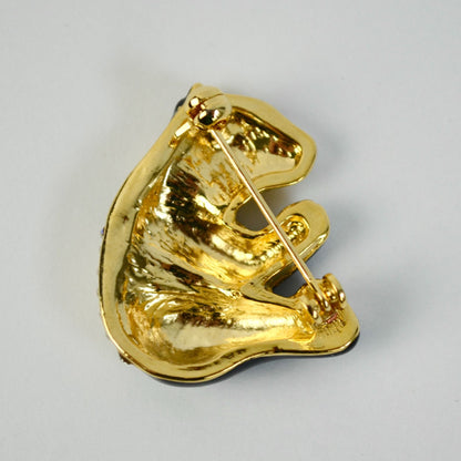 Vintage Black Enameled Gold Toned CZ Stone Brooch
