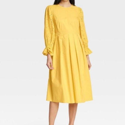Who What Wear Yellow Eyelet Longsleeve Dress XS